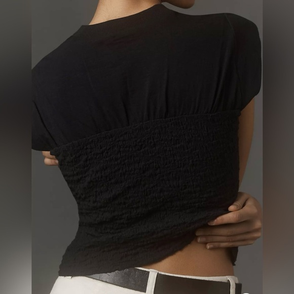 Maeve By Anthropologie Black Smocked Muscle Tee, Cap Sleeves, Round Neck, SZ. XS - Picture 4 of 15